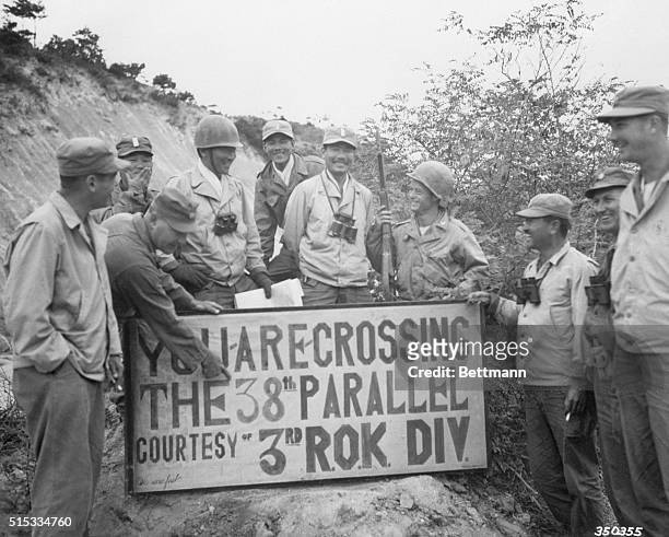 Korea- First UN trooops to cross the 38th parallel hold a sign-posting ceremony to let the world know that the Third ROK Division made the historic...