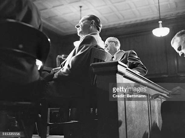 New York: Frank Costello, alleged head of a nationwide crime empire, appears before the Kefauver Senate Crime Committee, as the group began its third...