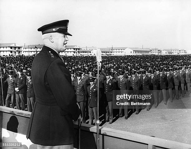 San Antonio, TX- Lt. Gen. Henry H. Arnold, Commanding General of the Army Air Forces, addresses the largest group of Aviation Cadets ever gathered in...