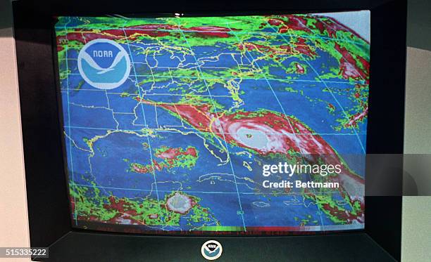 Miami: Hurricane Hugo is shown in a noon satellite color photo as it approaches the Georgia-South Carolina coast. Hugo has winds of 115 mph and is...