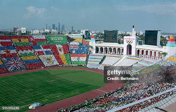 Los Angeles, California: Opening of ceremonies of the 1984 Olympic Games. View of the stands with flags.