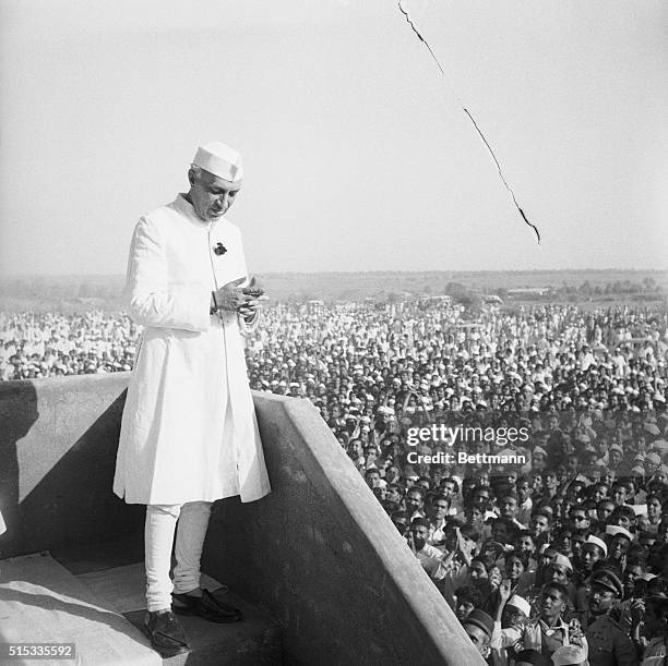 Prime Minister of India Jawaharlal Nehru addresses a throng of Indians at the opening of the Atul Factory, a joint Indian-American enterprise. Some...