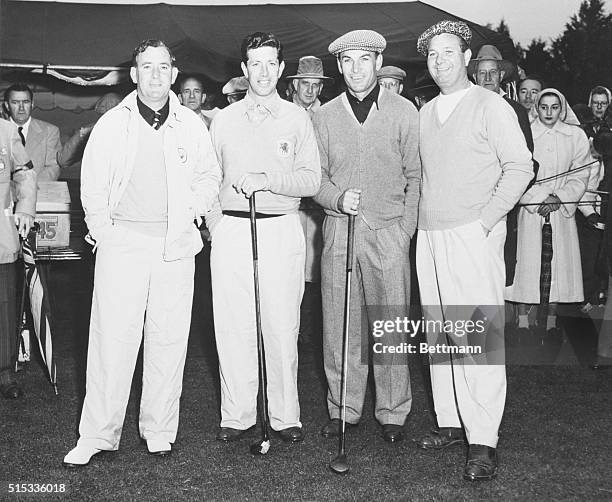 Members of the Ryder Cup teams pose together before the start of the Scotch foursomes- each pair playing single ball, alternating shots and drives...