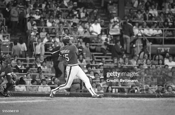 Larry Parrish of the Texas Rangers hits a grand slam home run in the first inning at Comiskey Park. The Rangers won game, 6-1.