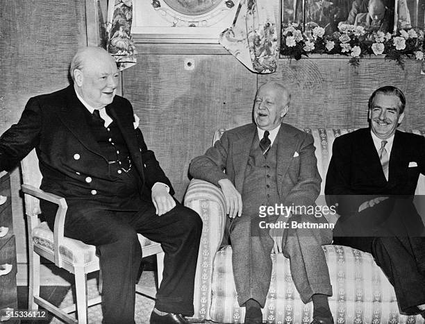 On Way to Talks in Washington. Southampton, England: Britain's Prime Minister, Winston Churchill, , and Foreign Secretary Anthony Eden, , chat with...