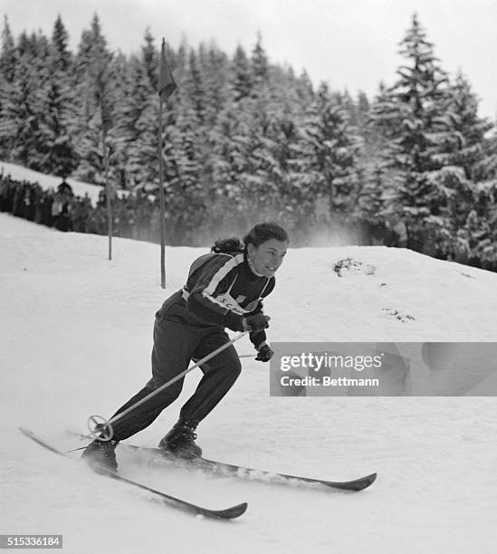 Oslo: Andrea Mead Lawrence of Rutland, VT., won the women's giant slalom ski race, Feb. 14, in the opening competition of the 1952 Winter Olympics....