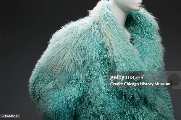 Coat made of fluffy blue sheepskin, designed by Claude Montana, circa 1980s. Shown as part of the Chicago History Muesum's November 2014 'Chicago...