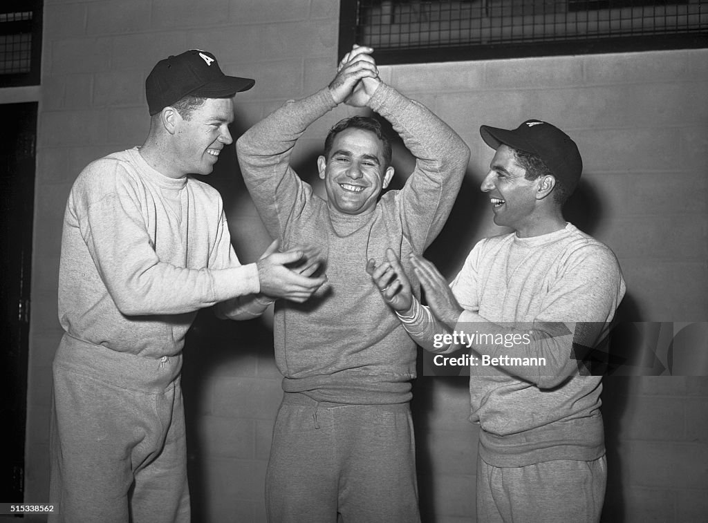 Yogi Berra with Hands Over His Head