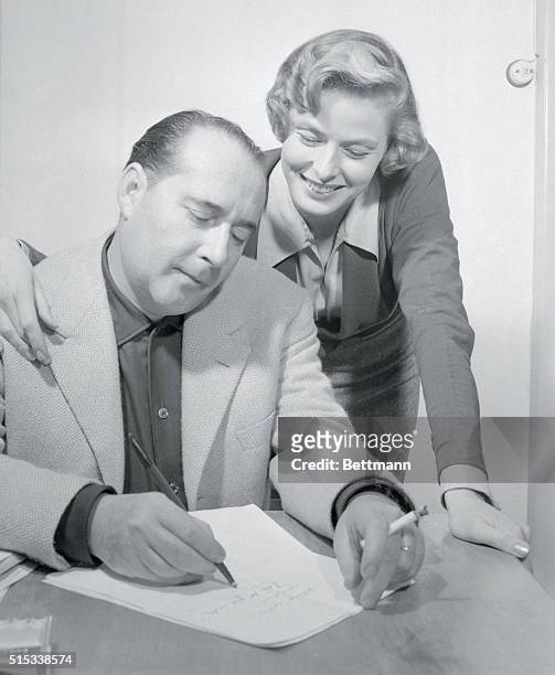 Rossellini Rolls. Rome: Actress Ingrid Bergman gets a laugh out of husband Roberto Rossellini's attempt to write a line in Swedish for his new movie....