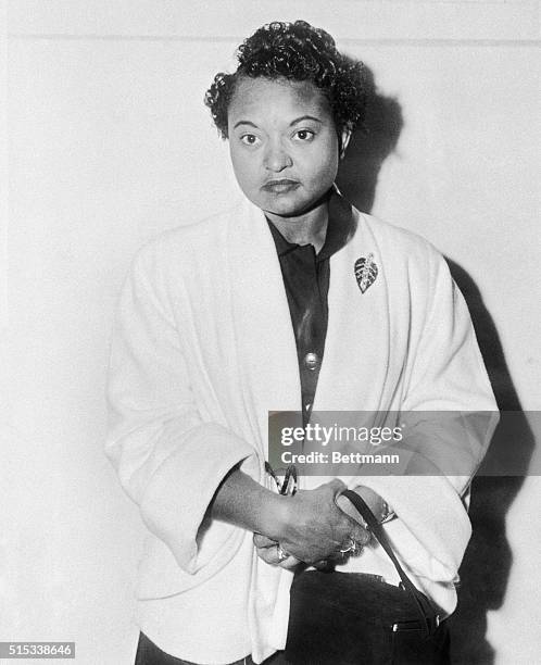 Mrs. Mamie E. Bradley, mother of a 14 year old negro boy killed in Mississippi, appears at the trial of two white men charged at Sumner, Mississippi...