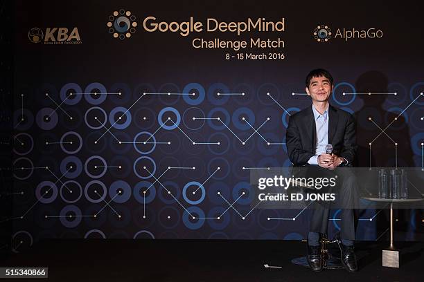 'Go' player Lee Se-Dol attends a post-match press conference after his first win against a Google-developed super-computer, in Seoul on March 13,...