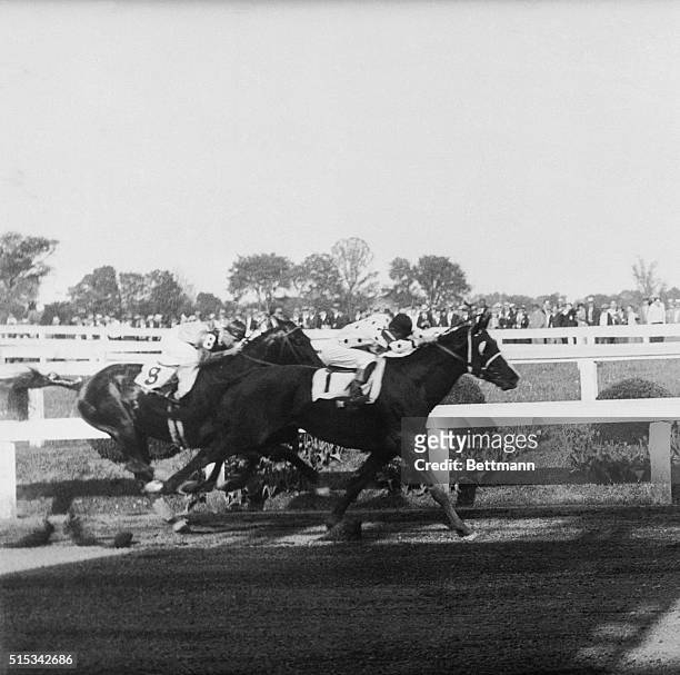 Gallant Fox wins the Preakness stakes on May 9, 1930. Gallant Fox went on to win the Triple Crown, becoming only the second horse to earn that title.