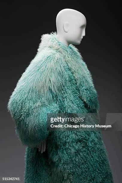 Coat made of fluffy blue sheepskin, designed by Claude Montana, circa 1980s. Shown as part of the Chicago History Muesum's November 2014 'Chicago...