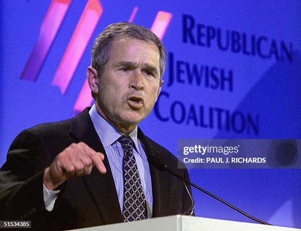 Republican presidential hopeful and Texas Governor George W. Bush addresses the Presidential Candidates Forum, sponsored by the Republican Jewish...