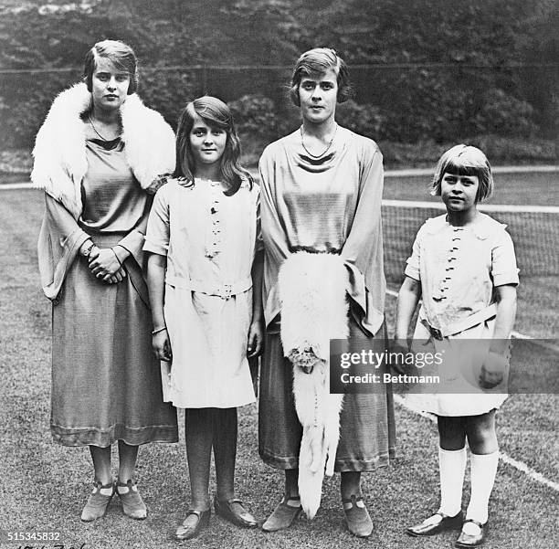 These four princesses acted as bridesmaids at the recent wedding of Miss Edwina Ashley, England's richest heiress and Lord Louis Mountbatten, a...