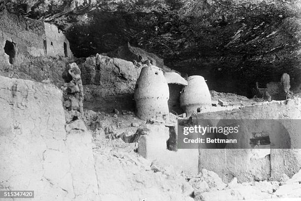 This scene in the wild interior of northern Mexico shows ruins photographed by Paxson C. Hayes, explorer, who believes they antedate the Mayan...