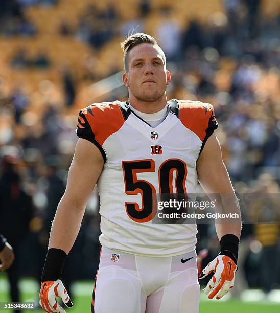 Linebacker A.J. Hawk of the Cincinnati Bengals looks on from the field before a game against the Pittsburgh Steelers at Heinz Field on November 1,...