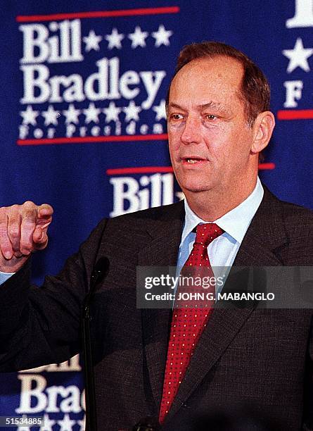 Democratic presidential hopeful Bill Bradley makes a point during a press conference 11 December in Palo Alto, California. Bradley explained his...