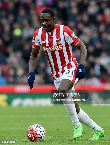 Giannelli Imbula of Stoke in action during the Barclays Premier League match between Stoke City and Southampton at the Britannia Stadium on March 12,...