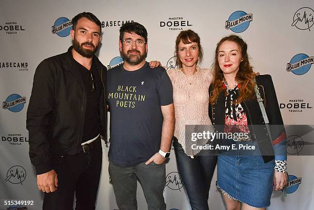 Tom Cullen, Jamie Adams, Dolly Wells and Laura Patch appear at a cocktail party at Basecamp in support of their film 'Black Mountain Poets' during...