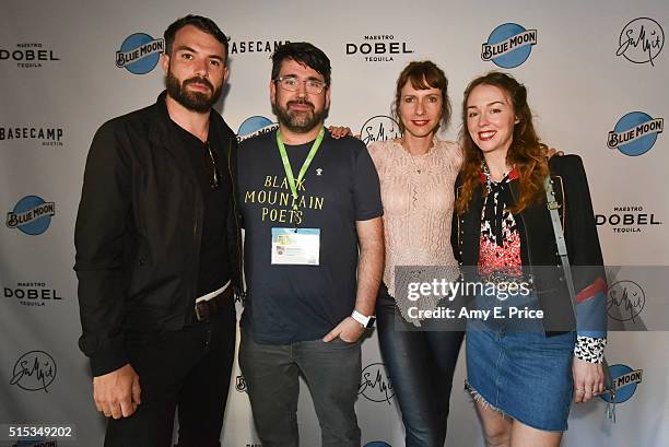 Tom Cullen, Jamie Adams, Dolly Wells and Laura Patch appear at a cocktail party at Basecamp in support of their film 'Black Mountain Poets' during...