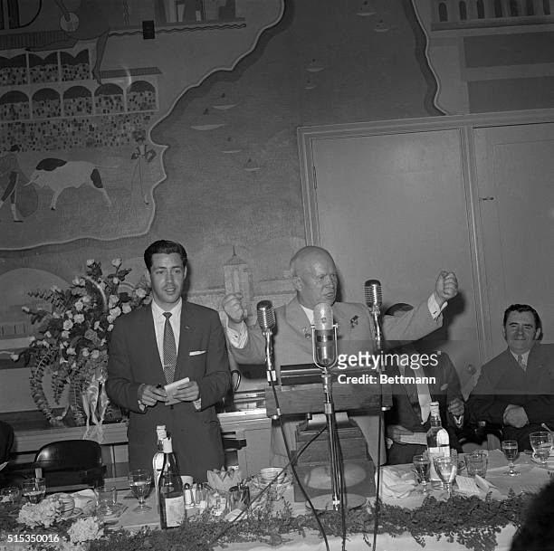 Soviet Premier Nikita Khrushchev uses both fists to emphasize his feelings toward not being allowed to go to Disneyland, during his speech before...