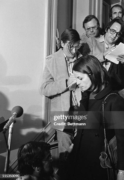 Claudine Longet bows her head as she passes reporters leaving Pitkin county Court House 1/14. Miss Longet was found guilty of criminally negligent...
