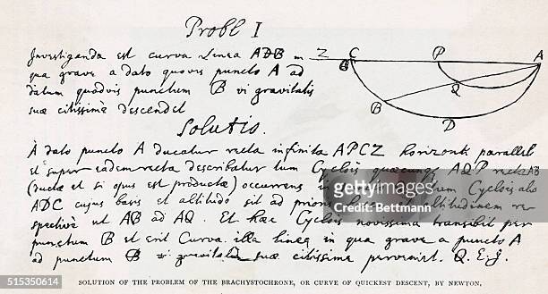 Isaac Newton's , notes and illustration for the solution of the problem of the brachystochrone, or curve of quickest descent. Undated.