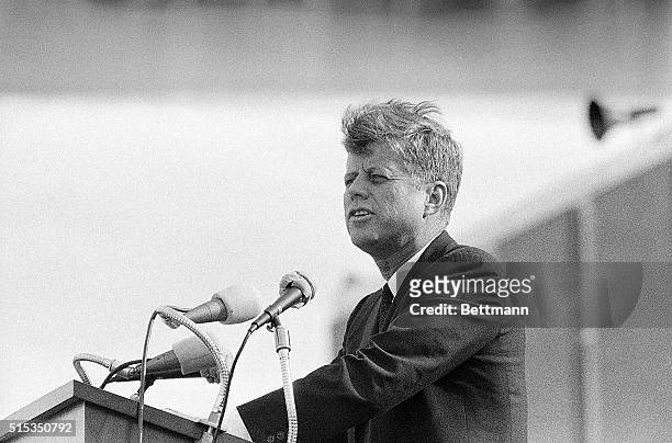 President Kennedy speaks at a dedication ceremony a day before his assassination.