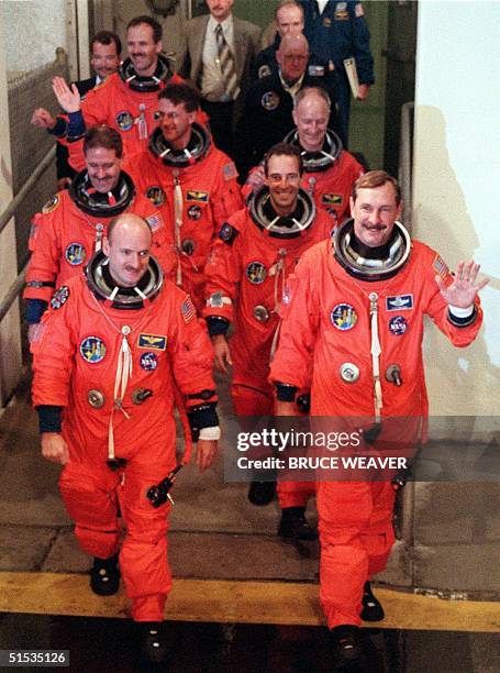 Space shuttle crew US Pilot Scott Kelly, US Commander Curt Brown, US John Grunsfeld, French Jean-Francois Clervoy, US Michael Foale, Swiss Claude...