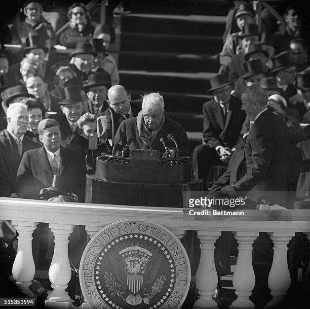 Washington, DC- Poet Robert Frost reads one of his poems during the inaugural ceremonies at the Capitol today.
