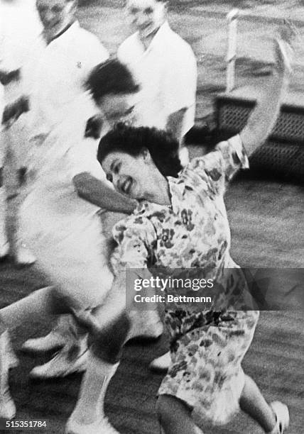 While on board the HMS Vanguard, Crown Princess Elizabeth plays tag with midshipmen.