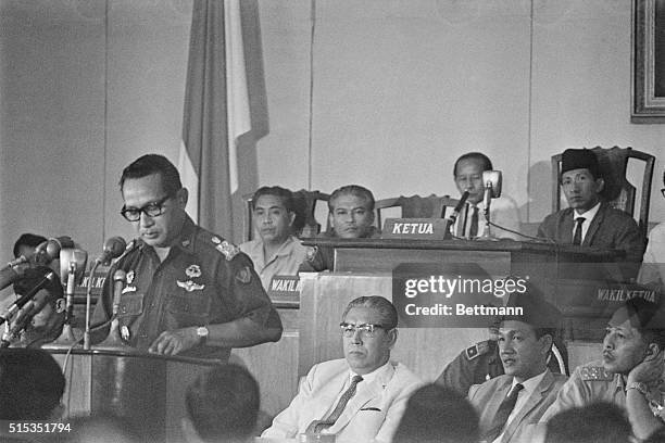 Jakarta, Indonesia- Indonesia's "de factor" President Gen. Suharto addresses Parliament March 4 for the first time since President Sukarno turned...