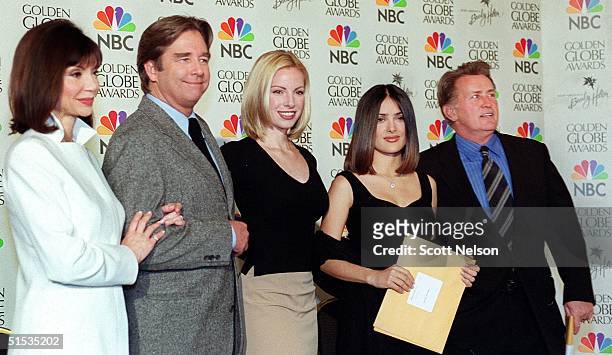 Actors Victoria Principal, Beau Bridges, Liza Huber, Salma Hayek, and Martin Sheen pose for photographers after the 2000 Golden Globe Award...