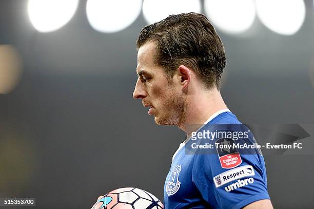 Leighton Baines of Everton looks on during The Emirates FA Cup Sixth Round match between Everton and Chelsea at Goodison Park on March 12, 2016 in...