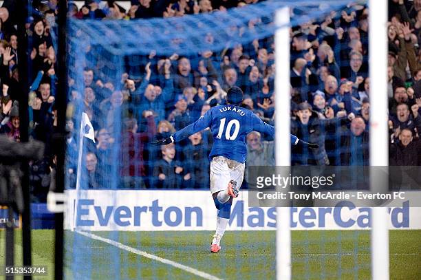 Romelu Lukaku of Everton celebrates during The Emirates FA Cup Sixth Round match between Everton and Chelsea at Goodison Park on March 12, 2016 in...