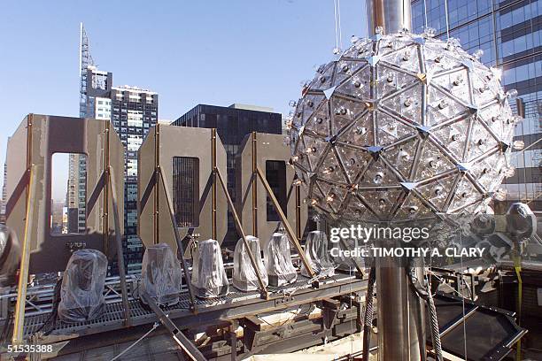 The New York Times Square Ball sits atop 1 Times Square during the test lighting 30 December 1999 in preparation for the Times Square 2000...