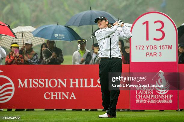 Celine Herbin of France tees off at the 13th hole during Round 4 of the World Ladies Championship 2016 on 13 March 2016 at Mission Hills Olazabal...