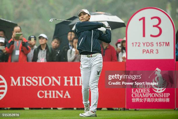 Min Sun Kim of South Korea tees off at the 13th hole during Round 4 of the World Ladies Championship 2016 on 13 March 2016 at Mission Hills Olazabal...