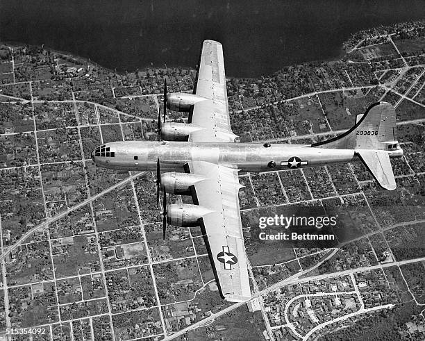 Photo shows a B-29 in flight. Filed 6/15/1944.