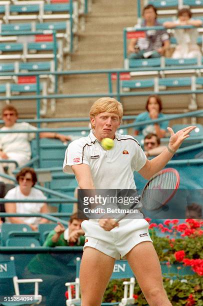 Flushing Meadows, NY- Third-seeded Boris Becker of West Germany pounds out hard-fought 4-set victory over American Gary Donnelly, 9/2, to advance to...