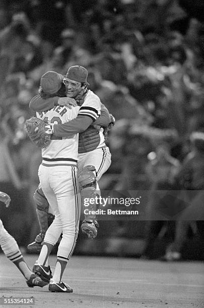 St. Louis, MO- St. Louis Cardinals' catcher Darrell Porter jumps into the arms of Cardinal relief pitcher Bruce Sutter. The St. Louis Cardinals...