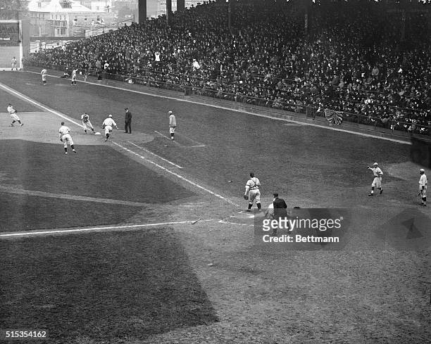 Brooklyn, NY- CLEVELAND WINS FIRST GAME OF WORLD SERIES. Ebbets Field, Cleveland Indians vs. Brooklyn Robins. Cleveland won the first game of the...