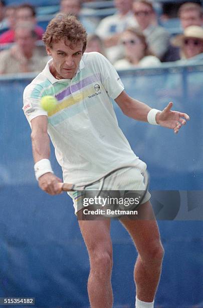 New York, NY- Second-seeded Mats Wilander hits a backhand to top-seeded Ivan lendl during the Men's Singles Final of the U.S. Open in Flushing...