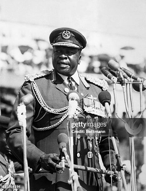 General Idi Amin, President of Uganda, speaks at a military parade in January of 1975.