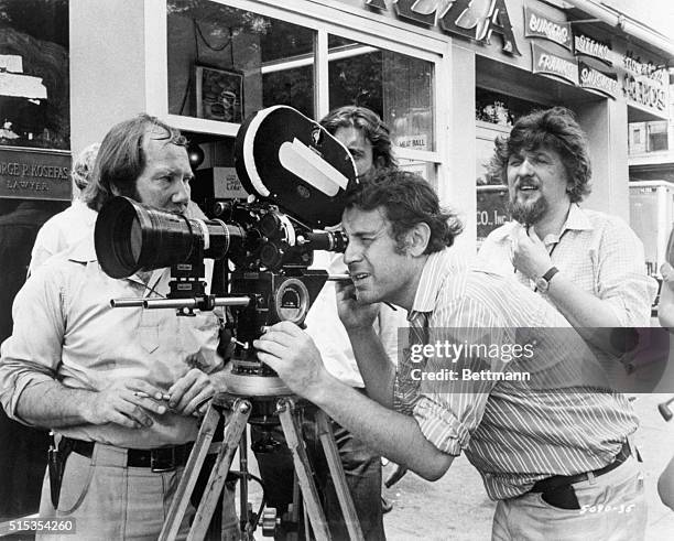 New York, NY- Czech filmmaker Milos Forman behind the movie camera on location in New York's East Village, testing a scene for the film Taking Off.