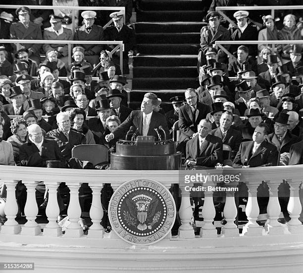 President John F. Kennedy making his inauguration speech from the balcony of the White House in Washington, DC.
