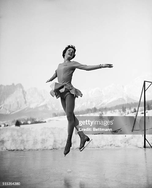 American figure skater Tenley Albright practices along the ice prior to a competition at the 1956 Winter Olympics in Cortina d'Ampezzo, Italy.
