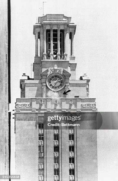 Austin, Texas- Police bullets kick up dust around the clock on the University of Texas tower, as officers return the fire of a sniper who terrorized...