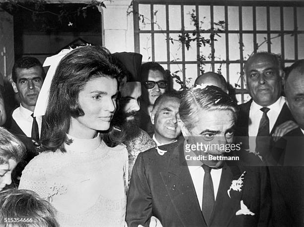Skorpios Island, Off the coast of Greece- The former Jacqueline Kennedy and Aristotle Onassis leave the chapel on Onassis' private island following...